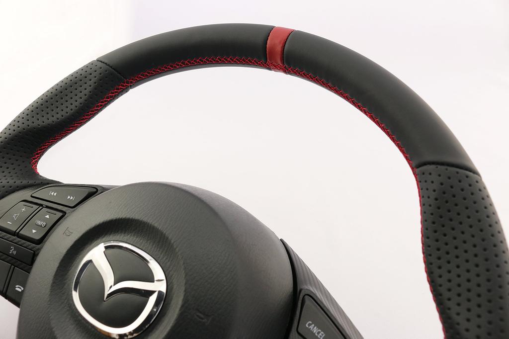 KENSTYLE Original Steering Wheel MA08 for Mazda Axela (BM/BY Series) 2013/11-2016/6, Black Leather with Red Line (Red Stitching), All Nappa Leather