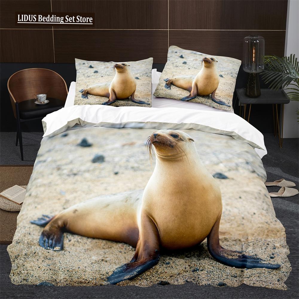 Пододеяльник Морской лев размера кинг/квин, милый комплект постельного белья с морскими животными для детей, мальчиков, девочек, синий, море, пляж, полиэстер, чехол для одеяла