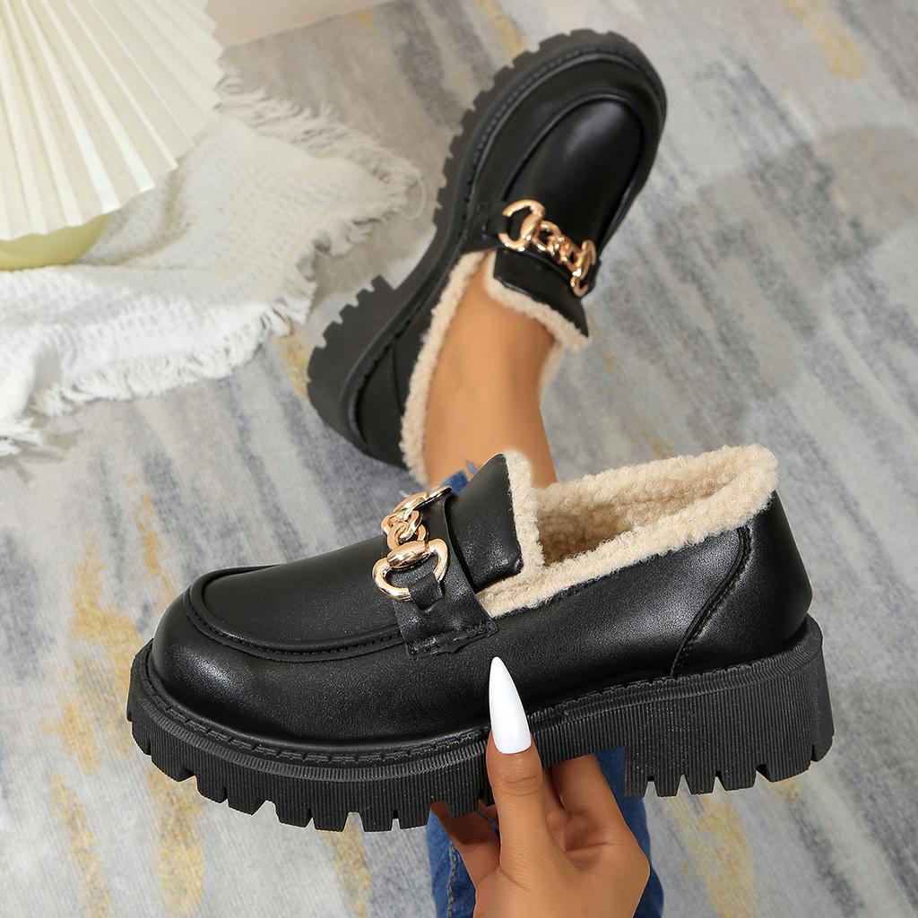 Large British Style Small Leather Shoes Winter New Fashion with Plush Loafers Cotton Shoes for Women