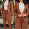2 Pcs/Set Lady Formal Coat Pants Set Turn-down Collar Double-breasted Long Sleeves Jacket Slim Fit Pure Color Trousers Casual Daily Wear Commuting