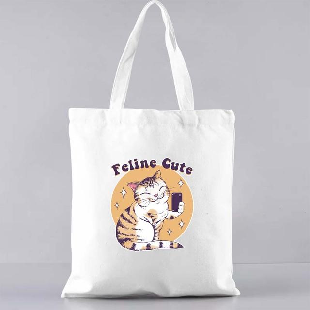 Fashion Shopping Bag Casual Canvas Shoulder Bag Commuter Reusable Japanese Cat Pattern Print Harajuku Bag