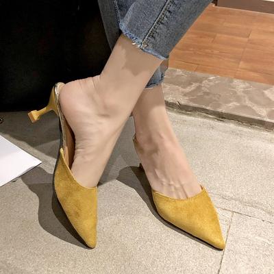 Модные шлепанцы баотоу женские для улицы 2025 лето новые острый носок мелкая замша нескользящие на шпильке высоких каблуках