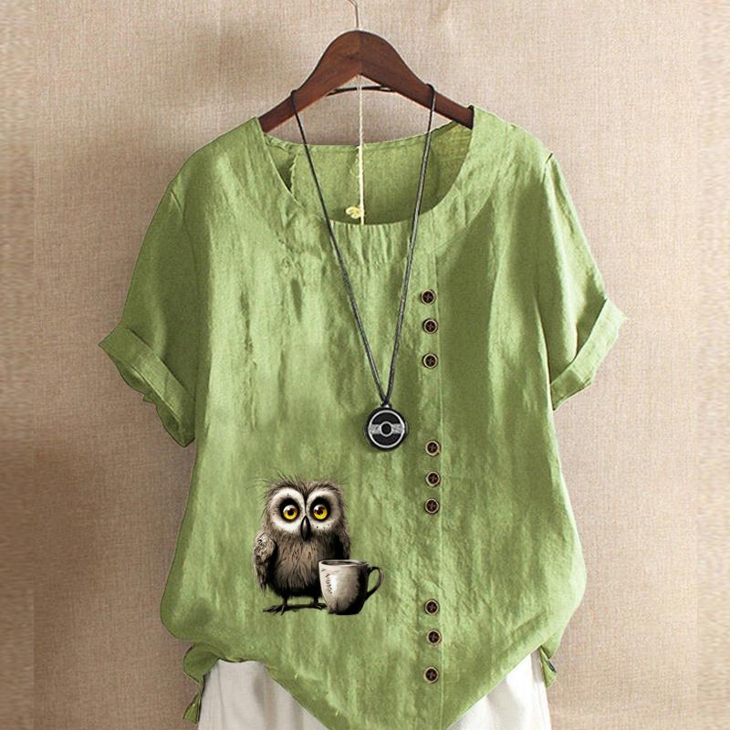 Women's Fashion Owl Prined Short Sleeve T-shirt Loose Cotton Shirt Casual Loose Summer Blouse Plus Size Tops