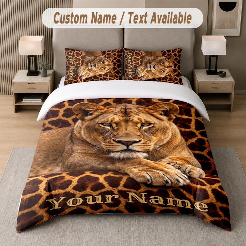 Lion Tiger Leopard Theme Custom Text Or Name 3Pcs Bedding Set 1 Flat Sheet & 2 Pillowcases Personalized Home Bedding
