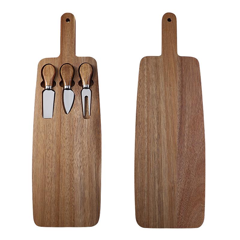 Acacia Wood Cheese Board Set with Stainless Steel Knives and Forks - Ideal for Snacks and Cutlery.