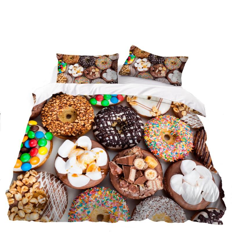 Twin/Full/Queen Size Cute 3D Food-Printed Down Quilt Cover & Pillowcase Bedding Set with Dessert Doughnut Pattern