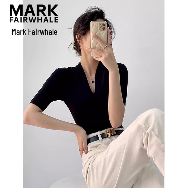 Mark Fairwhale Женский топ с V-образным вырезом, облегающий, с рукавом три четверти