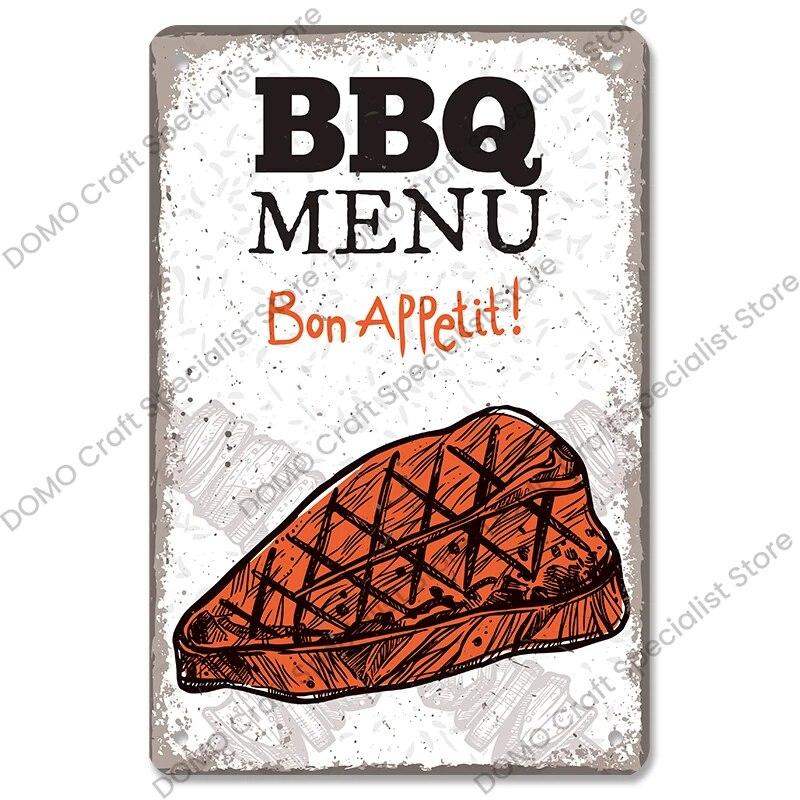 Винтажные таблички для барбекю, металлические оловянные таблички, гриль, мясо, стейк, колбаса, ретро металлическая пластина, настенный декор, вечерние барбекю, магазин, столовая