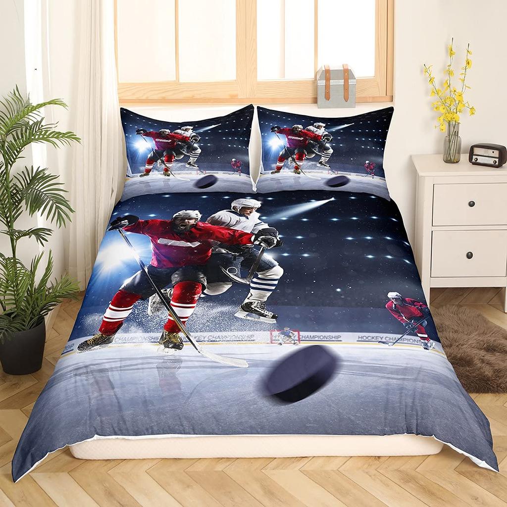 Ice Hockey Duvet Cover Twin Hockey Sports Player Bedding Set Winter Extreme Sports Game Comforter Cover Set Sports Arena Bedding