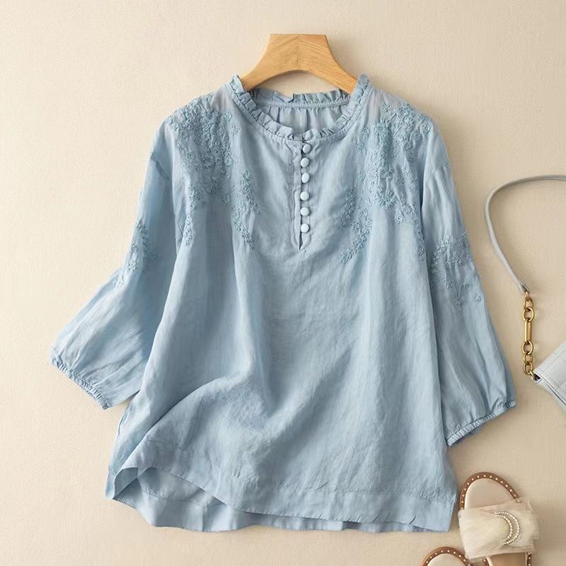 Spring and Summer Women's Clothing Cotton Embroidered Round Neck Long Sleeve T-shirt Retro Art Loose Pullover Tops