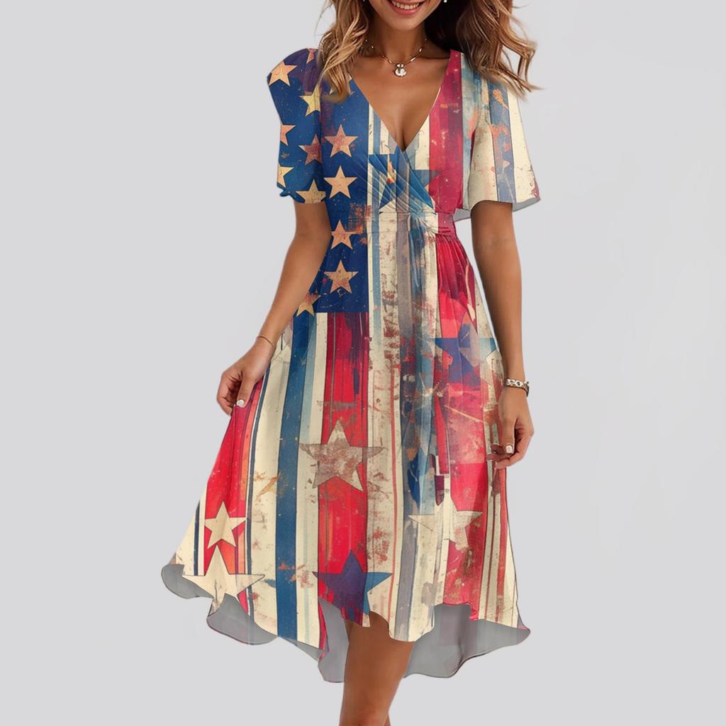 Women's Loose Casual V-Neck Flared Skirt Short Sleeved Printed Dress Printed Dress