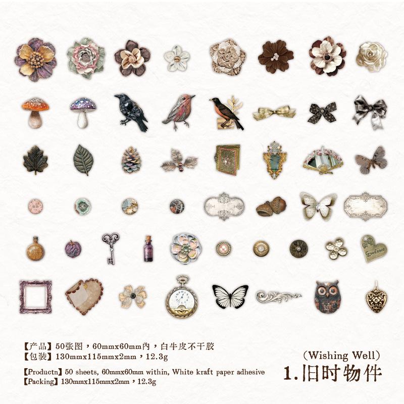 50pcs/1lot Kawaii Scrapbook Stickers Vintage Collection Junk Journal Gold Planner Stationery Decorative
