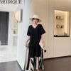 MODIQUE Summer Plus Size New Women Loose Patchwork A-Line Stripe Mock Two-Piece Long Dresses Elegant Lady Casual Cotton V-Neck Short Sleeve Skirt