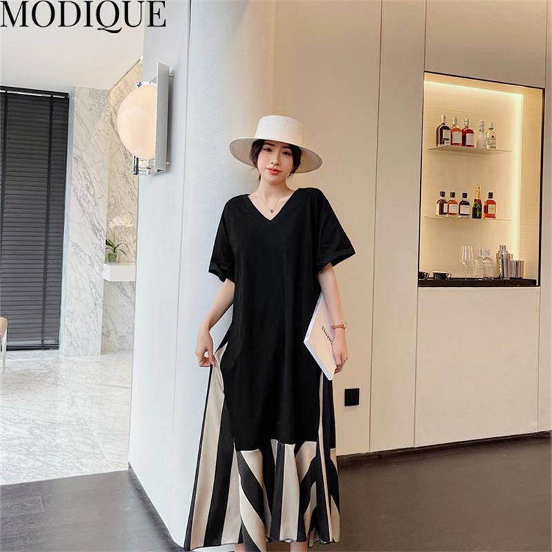 MODIQUE Summer Plus Size New Women Loose Patchwork A-Line Stripe Mock Two-Piece Long Dresses Elegant Lady Casual Cotton V-Neck Short Sleeve Skirt