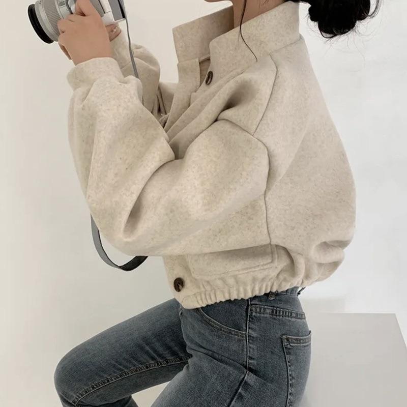 Autumn and Winter Fashion Stand-up Collar Women Short Coats Loose Casual Long Sleeve Office Shirt Ladies Elegant Simple Pockets Jackets Clothing