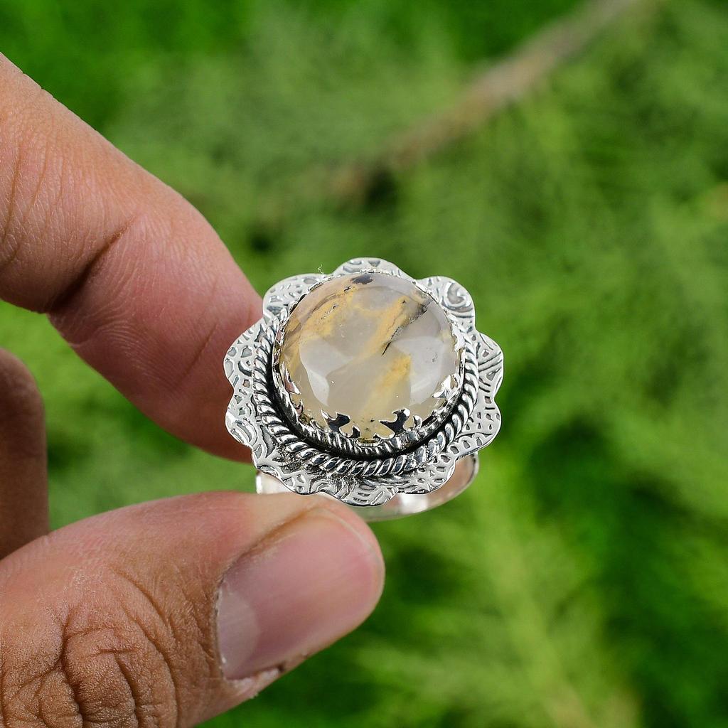 Wedding Gift For Her 925 Silver Natural Plume Agate Multi Stone Adjustable Ring
