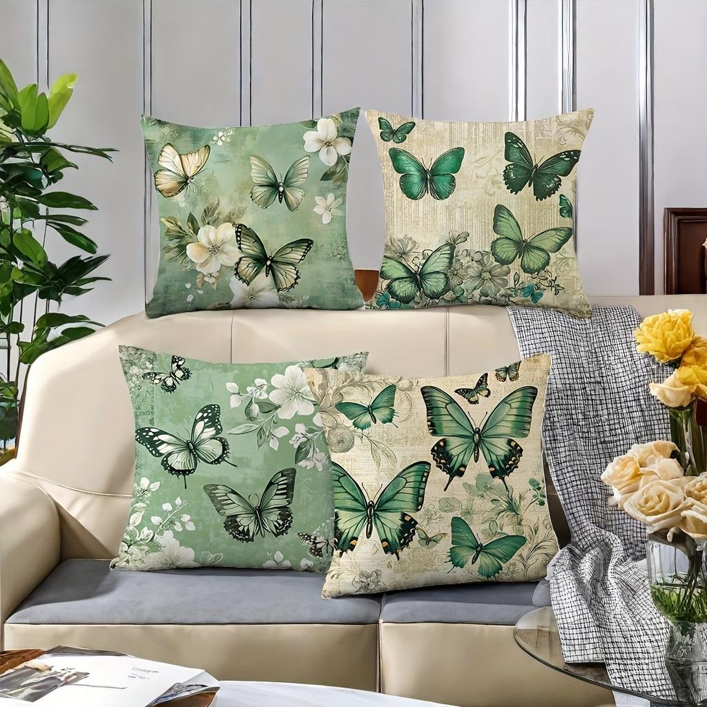 Vintage Green Butterfly & Floral Pillowcase - Retro Botanical Pattern Pillow Cover for Sofa Bedroom Living Room
