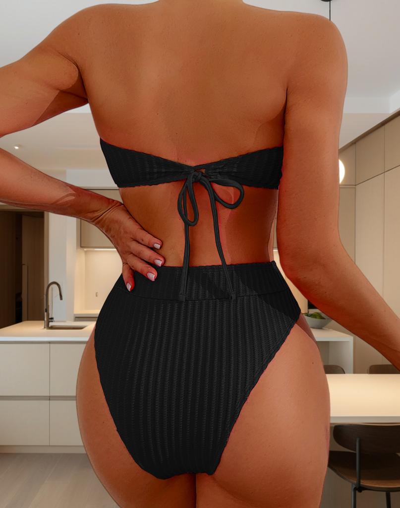 Женский купальник, однотонный, без бретелек, с завязками на спине, с высокой талией, с разрезом, купальник-бикини, пляжная одежда, купальные костюмы