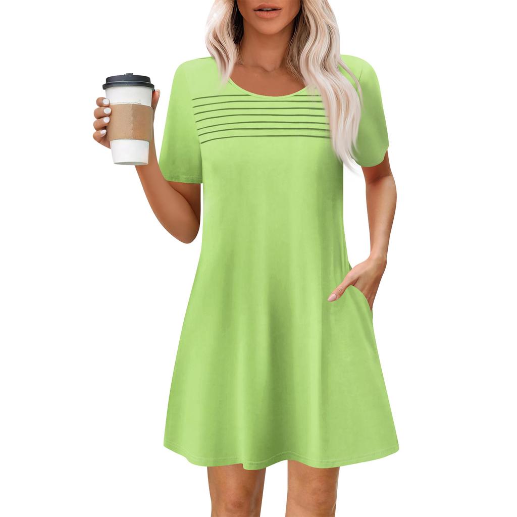 Women's Summer Casual Round Neck Pleated With Pockets Solid Color Short Sleeve Dresses