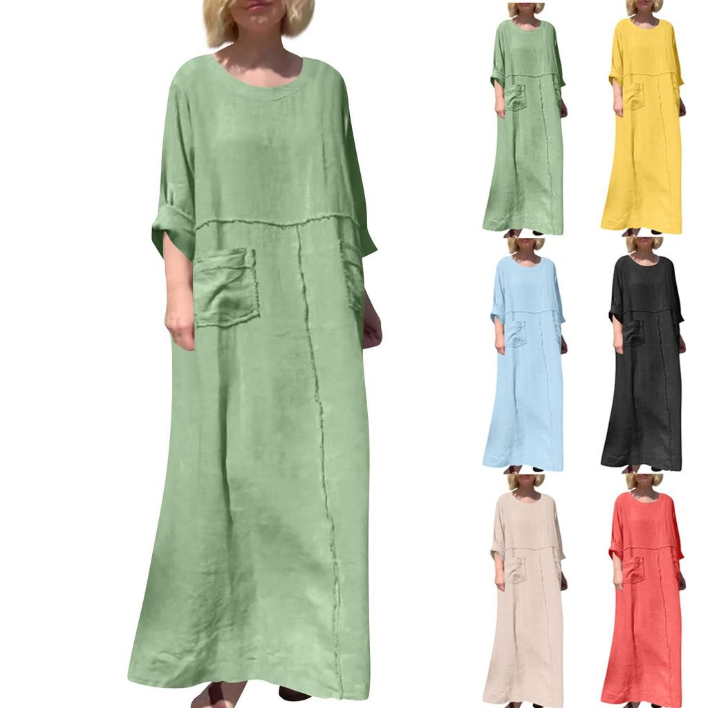 Women's Fashion Solid Color Round Neck Cotton Linen Long Sleeved Casual Pleated Double-sided Pocket Dress