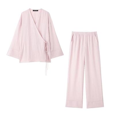 Домашняя одежда женская элегантная однотонная блузка брюки пижамный костюм с длинным рукавом V-образный вырез на шнуровке рубашка эластичный пояс повседневные брюки пижамные комплекты