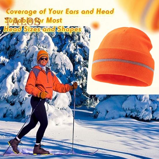 Men Outdoor Hat with Reflective Stripe High Elasticity Keep Warm Solid Color Folded Brim Nocturnal Sport Cap High-Visibility Knitted Headwear for