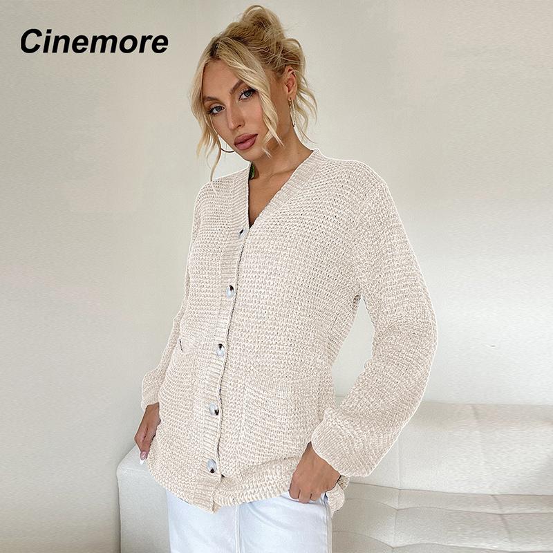 Cinemore Весенне-осенний женский свитер однотонный свободный повседневный открытый карман теплый базовый топ с длинными рукавами и круглым вырезом трикотажная карточка