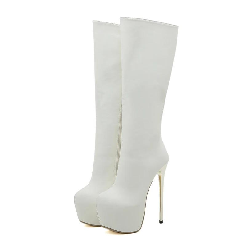 Eilyken Белые женские сапоги до колена в стиле панк с застежкой-молнией и круглым носком на очень тонком каблуке, зимние ботинки для мотоциклистов на платформе