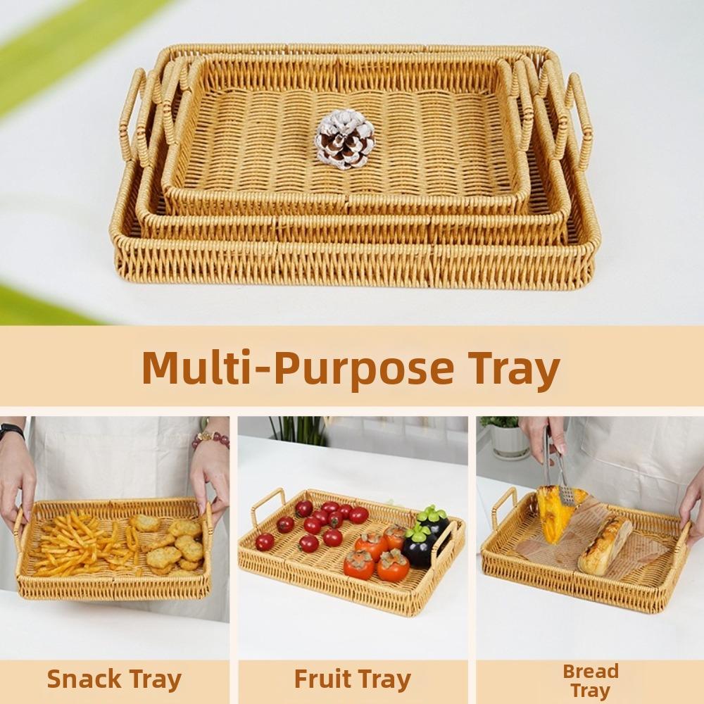 Handwoven Wicker Serving Tray Woven Handheld Plastic Rattan Storage Tray Kitchen Storage