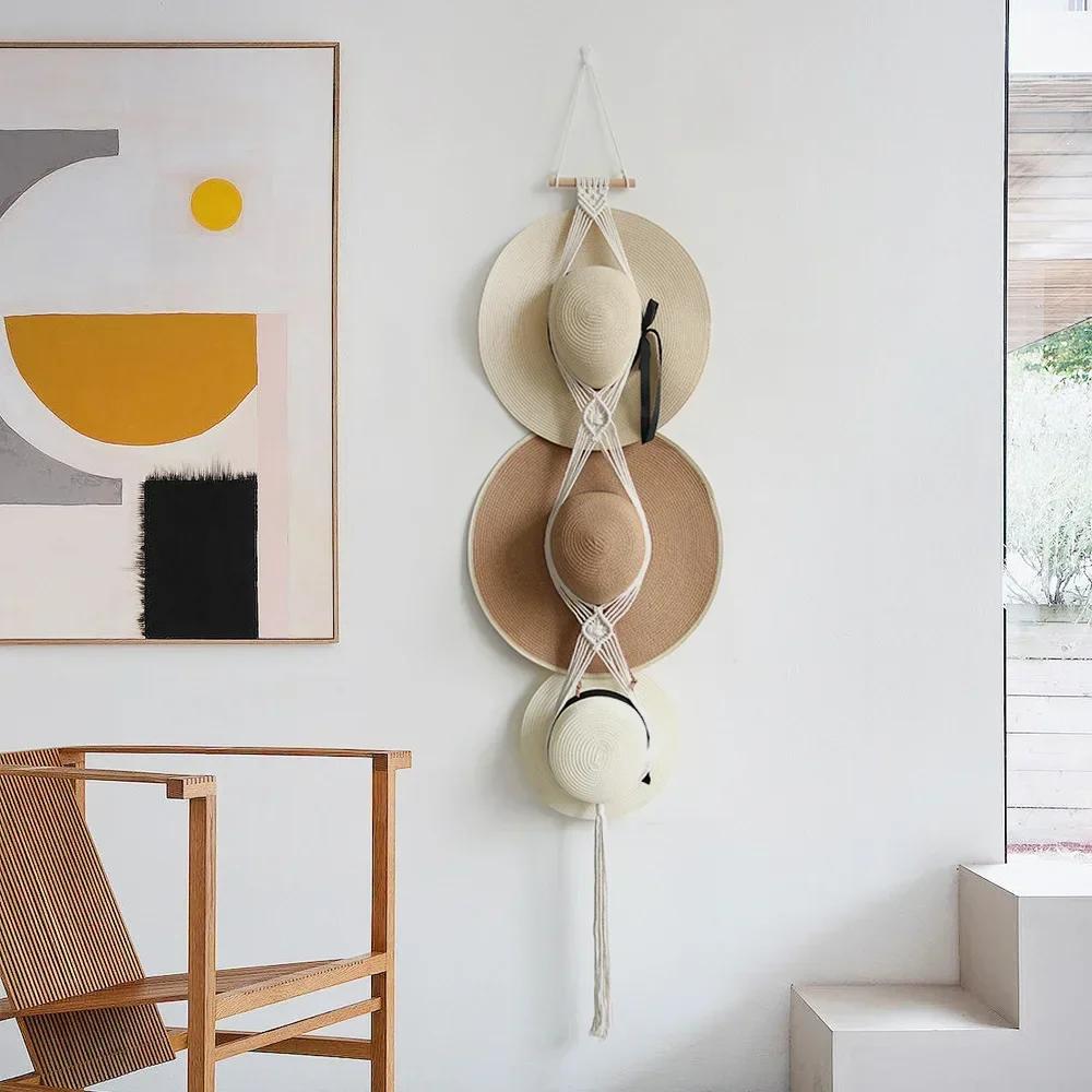 Подвесной держатель для шапок в скандинавском стиле Boho из хлопка, органайзер для демонстрации шляп, шарфов, вешалка для шляп в стиле макраме, настенное хранение
