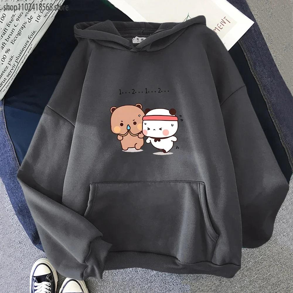 Женская толстовка Kawaii с пандой, милая парная толстовка Bubu и Dudu занимаются спортом, топы для девочек, длинный рукав, карманная одежда