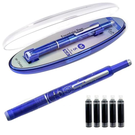 Retractable Fountain Pen Fine Nib Set 0.38mm Black/Blue Ink Transparent Barrel Pen with 5 Refillable Ink Cartridges for Sketching Journaling