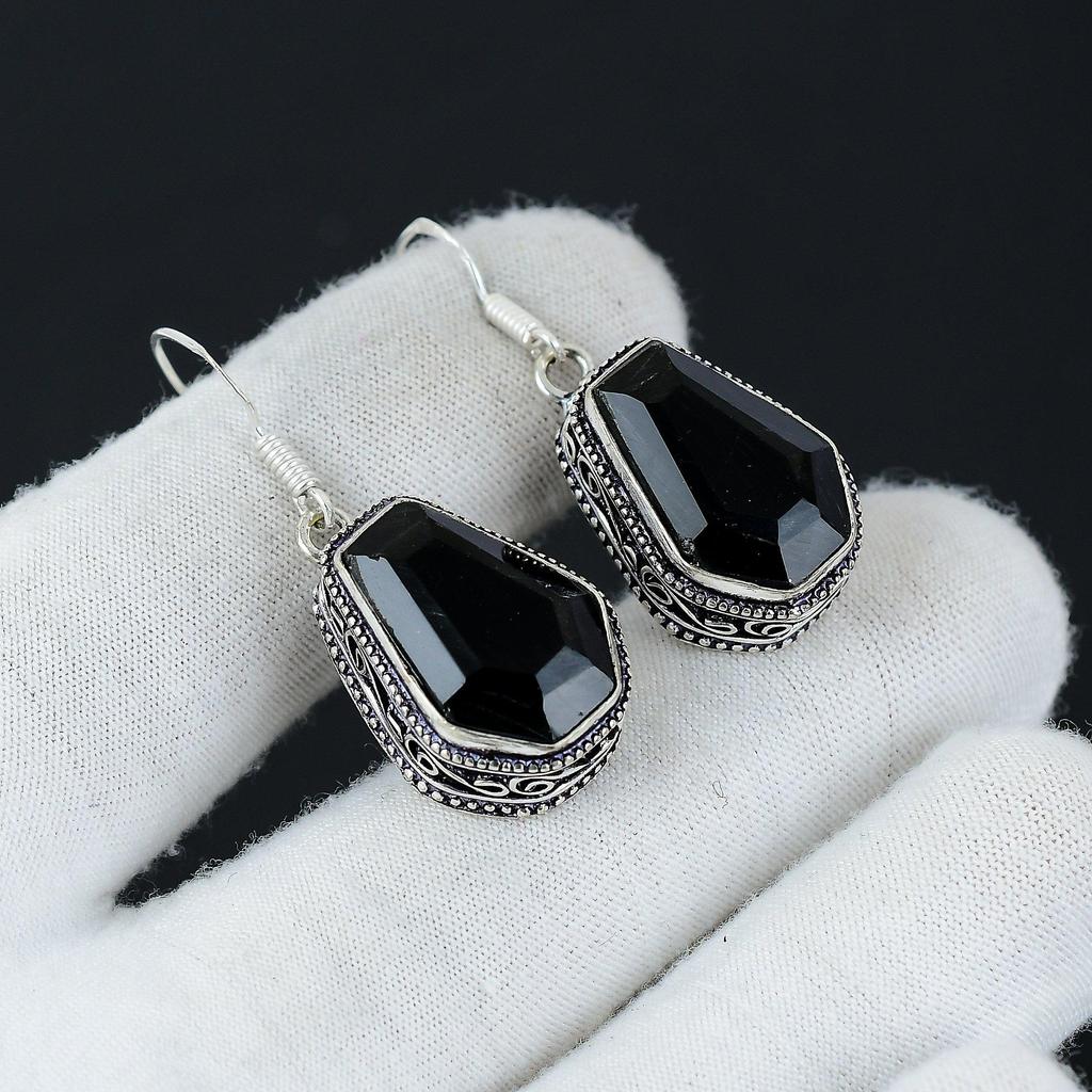 Unique Black Spinel Coffin Gemstone Earrings, 925 Sterling Silver Earring, Handmade Boho Silver Jewelry Dangle Earrings, Thanksgiving Gifts
