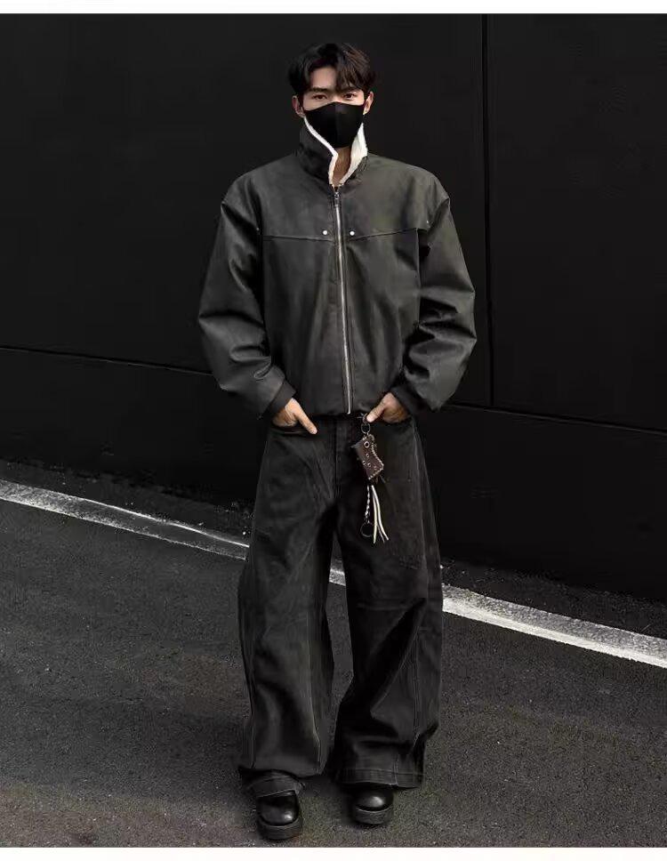 Мужской ретро-цельный пальто из шерсти ягненка тай-дай с бархатной подкладкой, отложным воротником и кожаными акцентами