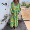 Женское принтованное макси-платье весна-лето с V-образным вырезом в стиле бохо, праздничное платье с длинными рукавами, свободное платье с карманами для повседневной жизни, вечеринок, пляжа