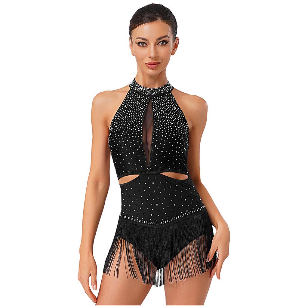 Женский латиноамериканский джазовый танцевальный купальник, полностью расшитый стразами, юбка с бахромой, открытая спина, контрастный боди