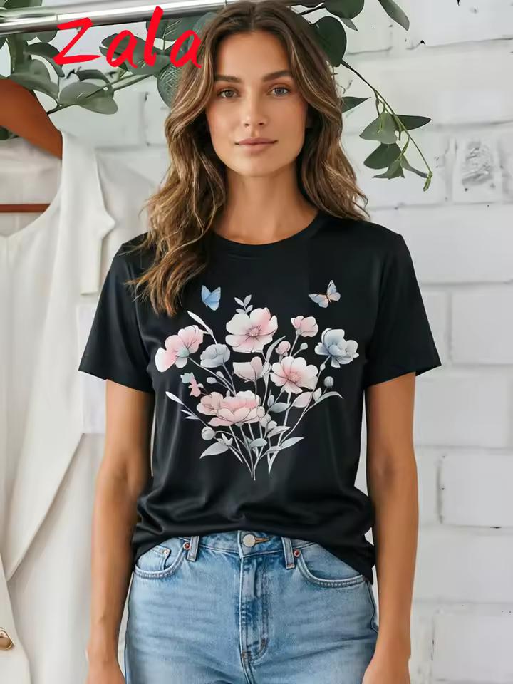 Floral Printed Women's T-shirt Pink Pastel Top with Flower and Butterfly Harajuku Summer Casual Short Sleeved Women's Clothing