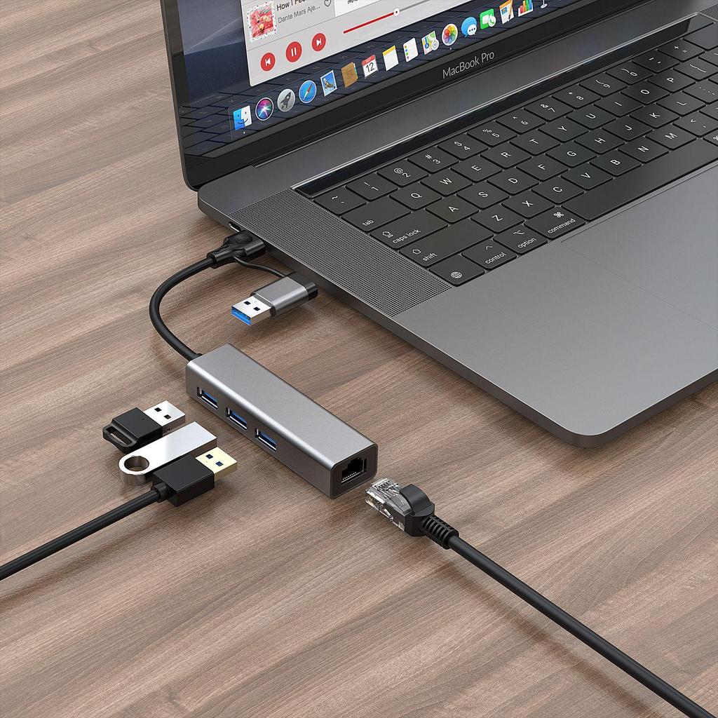 Сетевой адаптер USB-C - RJ45 2-в-1 Gigabit с 3-портовым концентратором USB 3.0