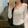 Простая серая облегающая футболка с V-образным вырезом и длинными рукавами для женщин, новая осенне-зимняя нижняя рубашка с утягивающим топом в западном стиле