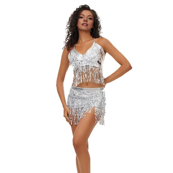 Костюм танцовщицы живота Топ-бра с пайетками и кисточками с бахромой и поясным платком Комплект Сверкающий костюм для рейв-вечеринки для женщин и девушек