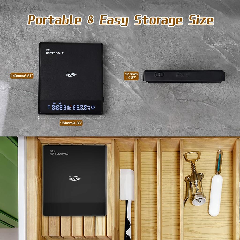 IKAPE Digital Coffee Scale with Timer, 2kg/0.1g High Precision Rechargeable Drip Espresso Scale with Tare Function, LED Display(Black)