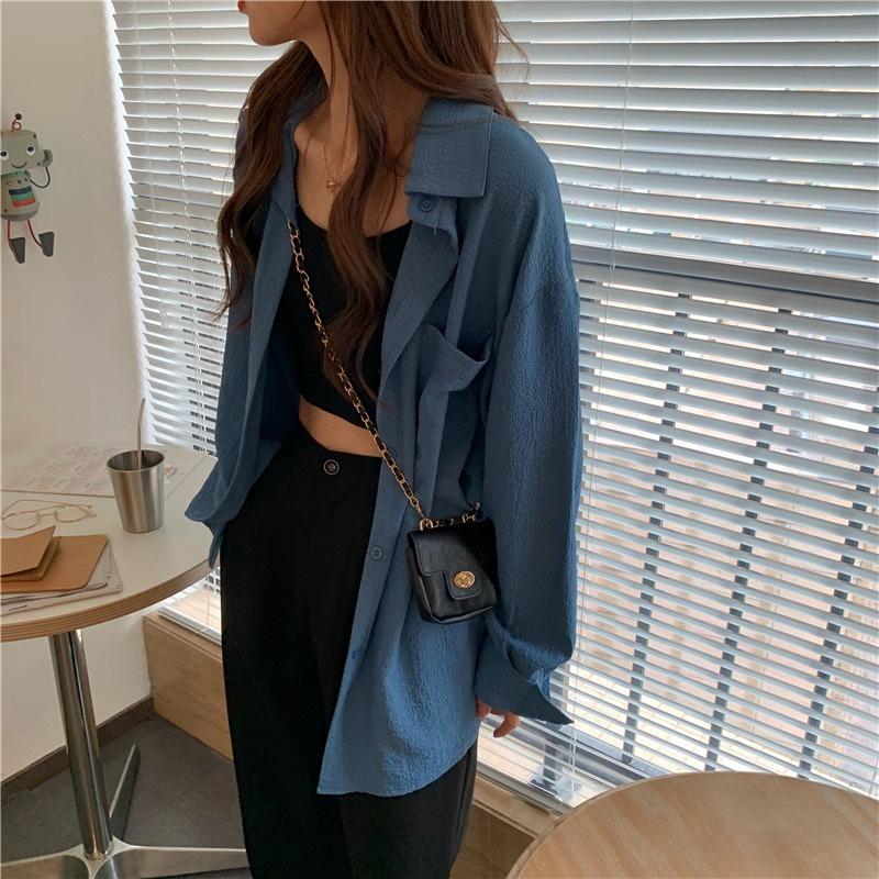 Весенне-осенняя однотонная рубашка, женская ниша, ретро, ​​гонконгский вкус, с длинными рукавами, женская рубашка большого размера