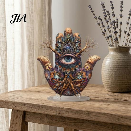 Thickened Transparent Acrylic Display Hand of Fatima Ornament, 2D Flat Hamsa Ornament with Exotic Pattern Table Decoration Base, Mysterious