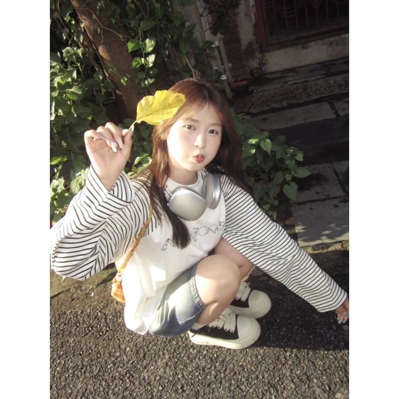 Женская футболка в полоску с принтом букв, с круглым вырезом, минималистичный пуловер с длинными рукавами, новая корейская свободная осенняя женская футболка