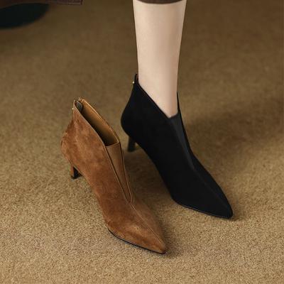 Модные ботильоны FHANCHU из нубука с флоком, женские ботильоны на высоком каблуке, обувь на осень/зиму, ботильоны с острым носком, глубокий V-образный вырез, черный, коричневый, дропшиппинг