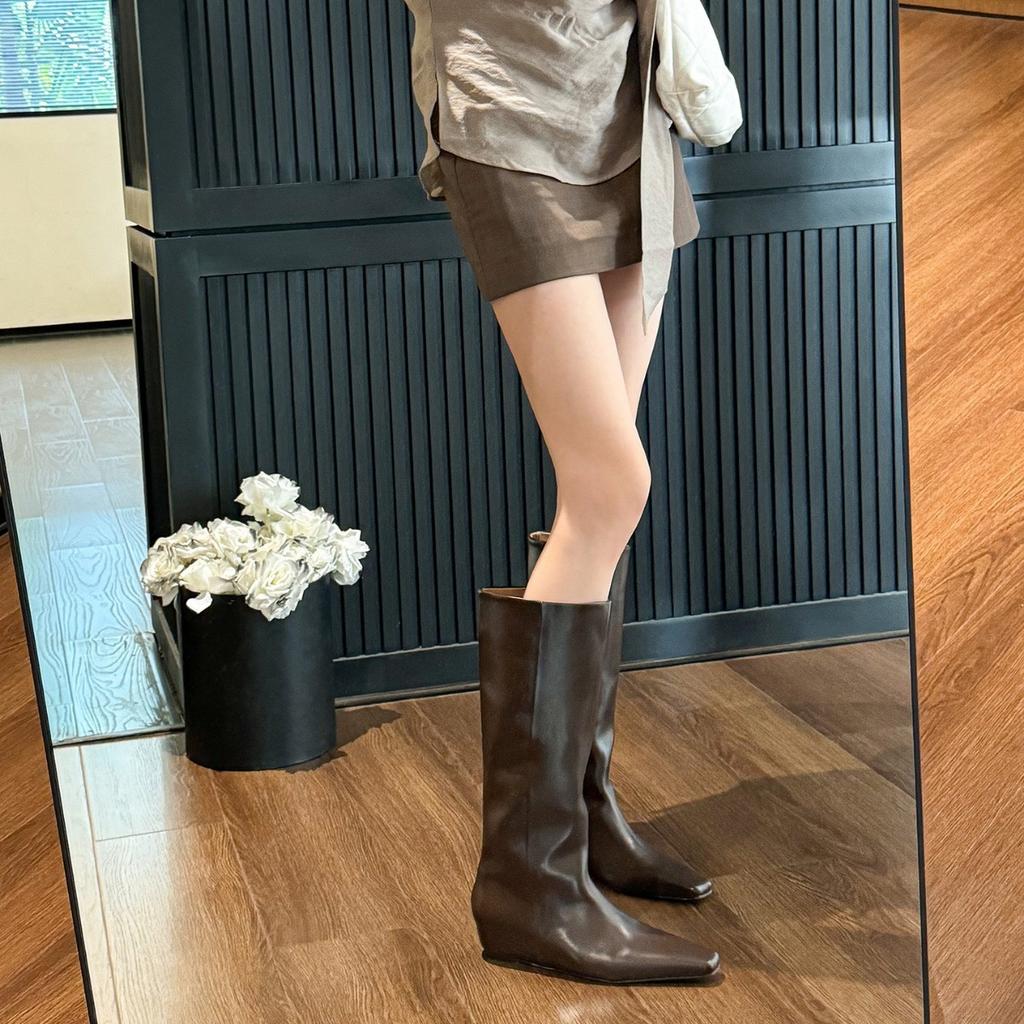 Версия из коровьей кожи~ Ботинки-рыцари с широким голенищем и квадратным носком, с внутренней высотой и тонкими ботинками, коричневые, но ботфорты, детские