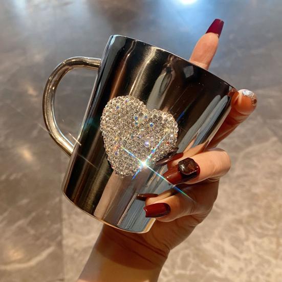 Coffee Mug Heart-Shaped Rhinestone Water Cup Stainless Steel Faux Crystal Mugs for Hot Beverage