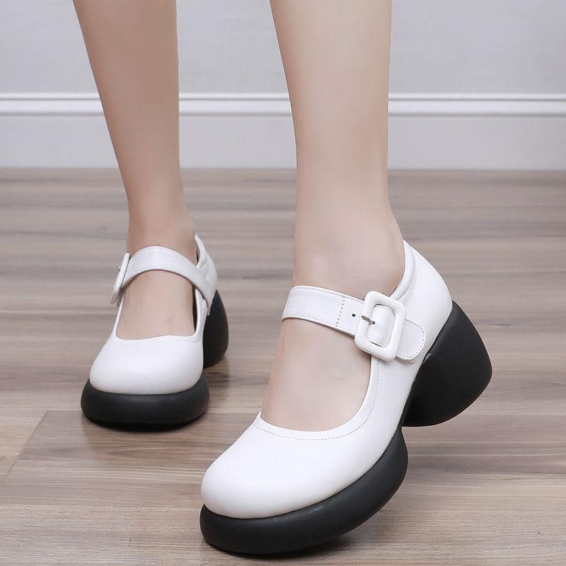 Женские туфли-лодочки на платформе с пряжкой и ремешком, с круглым носком и высоким каблуком, туфли Мэри Джейн для женщин 2024 года, новые элегантные черные туфли из искусственной кожи