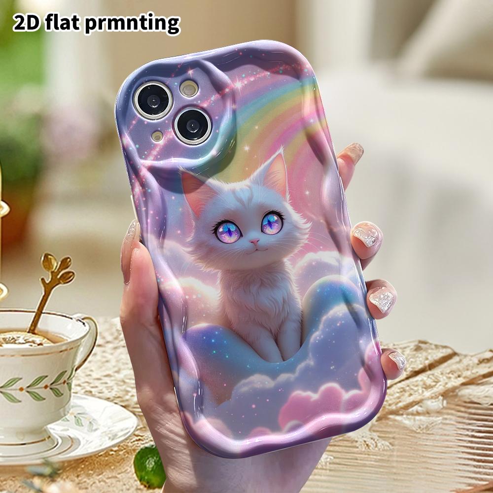 Phone case: 2D flat, fits iPhone 12 Pro, 13, 14, 15, 16, 17, 18, phone decoration, rainbow nebula white cat, perfect gift for Christmas and Halloween