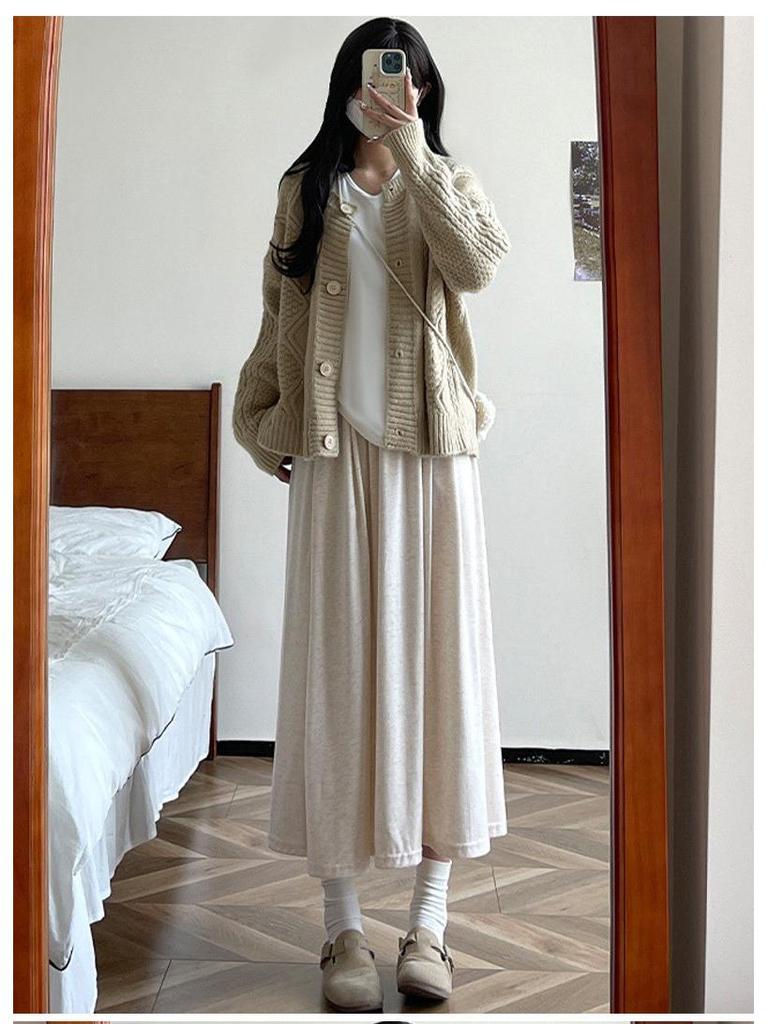 Темно-серая юбка А-силуэта с высокой талией для ранней осени: Женская повседневная струящаяся стройнящая юбка